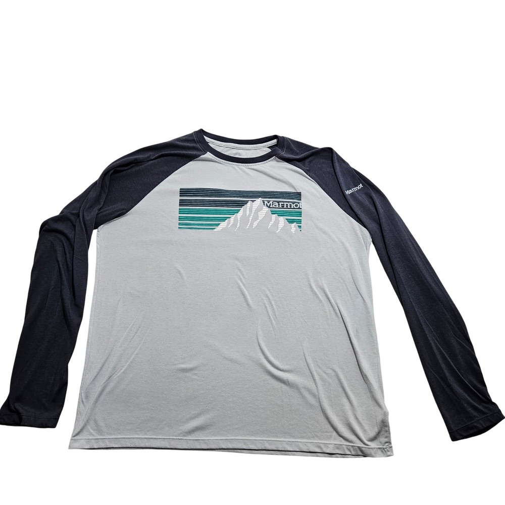 Marmot Raglan Long Sleeve Shirt XL Grey Navy Mountain Graphic Tee
